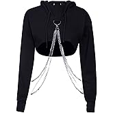 AULKEEP Womens Goth Punk Iron Chain Strap Hooded Crop Tops Cotton Black Hoodie Pullover Sweatshirt