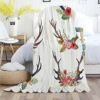 Ylljy00 Antlers Decor,Throw Blankets,Flannel Plush Velvety Super Soft Cozy Warm with/Deer Horns Bouquet Flowers Bloom Fun Springtime Garden Branches Decorative/Printed Pattern(50"x 60"),