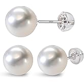 Nacréliser Natural Freshwater Pearl Stud Earrings, White AAA+ Grade, 925 Sterling Silver, Hypoallergenic Push Back Closure, Classic Minimalist Style
