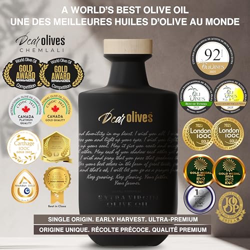Dear Olives™ – Award-Winning Extra Virgin Olive Oil - Naturally Rich in Polyphenols - Exceptionally Low Acidity - Early Harvest Cold Pressed Single-Origin Tunisian EVOO - Fresh Harvest Perfect for Dipping, Drizzling and Cooking - Individually Numbered Bottle with a Gift Box, 700ml (Chemlali - Smooth/Douce)