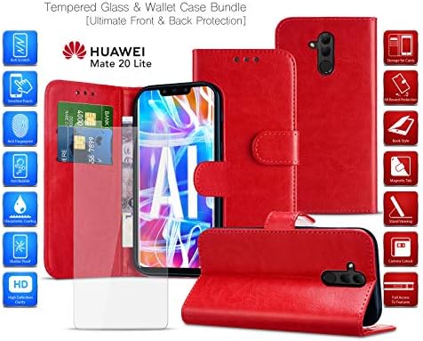 MobiBax Tempered Glass Screen Protector and Wallet Phone Case for Huawei Nova 3i (2018) INE-LX2 - Fingerprint Sensor Scanner, Card Slots and Magnetic Closure Tab Features in RED