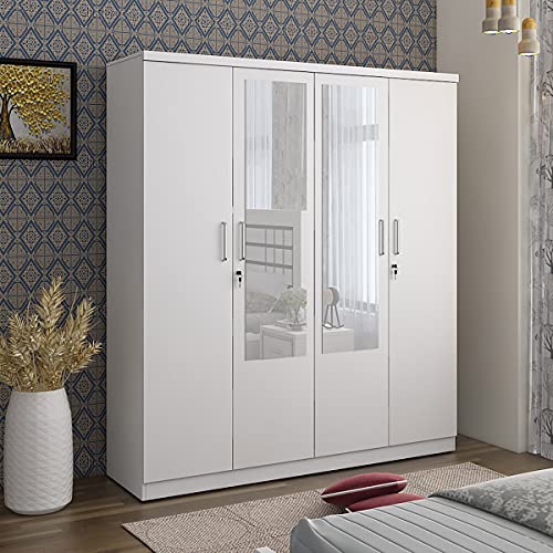 Home Centre Helios Reynan White Engineered Wood 4-Door Wardrobe with Mirror- 160 x 47 x 182 cm