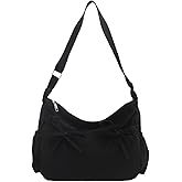 black bow coquette purse bag for women, multi pocket nylon crossbody bags, cute y2k kawaii large shoulder bag, college aesthetic trendy everyday purse