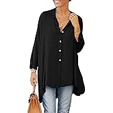 Aoysky Womens Oversized T Shirts Button Down Long Sleeve Shirt V Neck Collar Loose Flowy Blouse