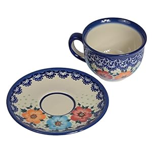 Traditional Polish Pottery, Handcrafted Ceramic Teacup and Saucer 210ml, Boleslawiec Style Pattern, F.101.BLUELACE