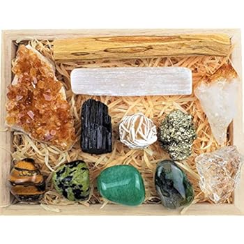 Premium Abundance and Prosperity Crystal Gift in Wooden Box - Black Tourmaline, Palo Santo, Citrine Crystal, Selenite Stick, Pyrite, Raw Quartz Crystal, Desert Rose, Tiger Eye, Moss Agate, Nephrite