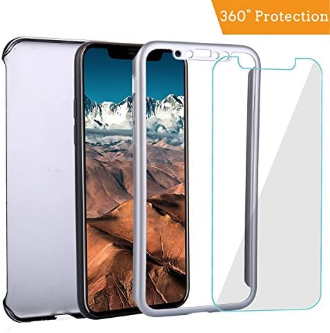 Iphone X Case, Ultra Thin Full Body Shockproof Impact Protection Case Flexible Hard PC Dual Layer Hybrid 360 All Round Anti Scratch Cover include Tempered Glass Screen Protector for Iphone X(Sliver)