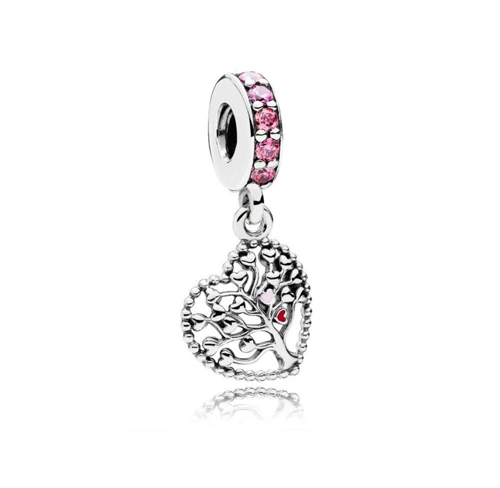 FGT Family Tree Pink CZ Dangle Love Heart Charm fits Pandora Moments Bracelets Sterling Silver Gift Women Daughter Girls Lover Family Couple Birthday