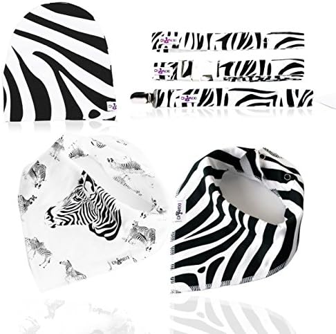 Baby Bibs Set "Zebra" (for Boys &amp; Girls or Twins) - Baby Essentials Set Includes: 2 x Bandana Bib, Beanie Hat, Pacifier Clip, Bottle Holder &amp; Toy Holder with Zebra Print by Dinixi