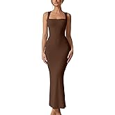 QINSEN Women's Square Neck with Lace Detail Long Maxi Dress Sleeveless Lounge Ribbed Full Length Dresses