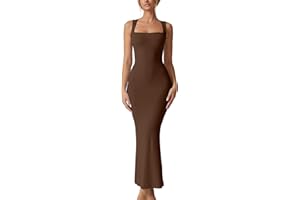 QINSEN Women's Square Neck with Lace Detail Long Maxi Dress Sleeveless Lounge Ribbed Full Length Dresses