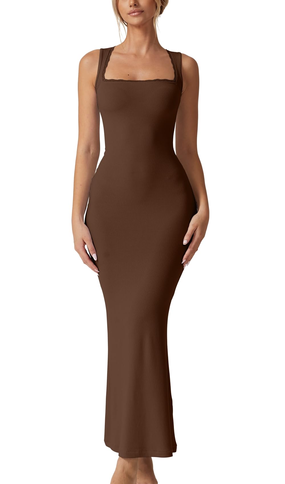 Photo 1 of **DIRTY*** QINSEN Women's Square Neck with Lace Detail Long Maxi Dress Sleeveless Lounge Ribbed Full Length Dresses Brown S