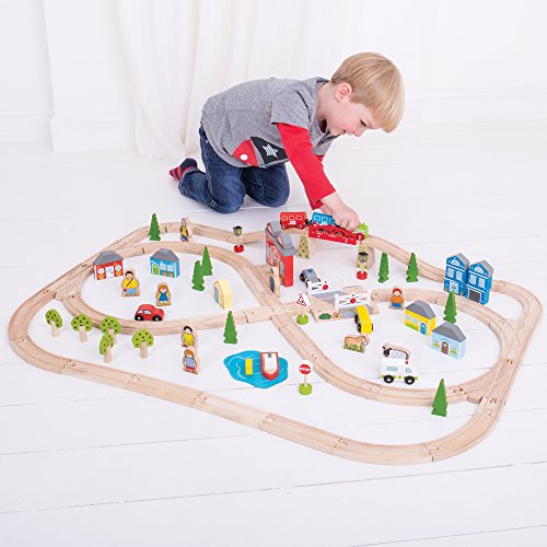Bigjigs Rail Wooden Town and Country Train Set - 101 Play Pieces