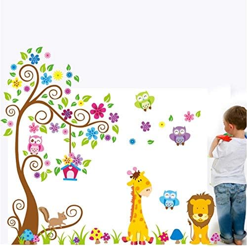 Hyllbb Kids Jungle Theme Peel and Stick Wall Decal, Colorful Owl Giraffe Lion Tree Decorative Unisex Sticker for Children Bedroom, Nursery, Playroom Mural