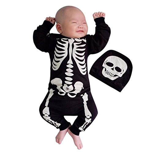 KONFA Toddler Newborn Baby Boys Girls Skeleton Romper with Hat,for 0-24 Months,Kids Halloween Jumpsuit Costumes Set