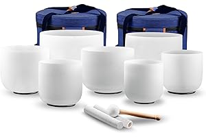 KRESEC 432Hz 6-12 Inch Crystal Singing Bowls Set of 7 – Chakra Tuned Quartz Sound Bowls for Meditation, Yoga, Reiki & Healing with Padded Cases, Suede Mallets & Silicone O-Rings