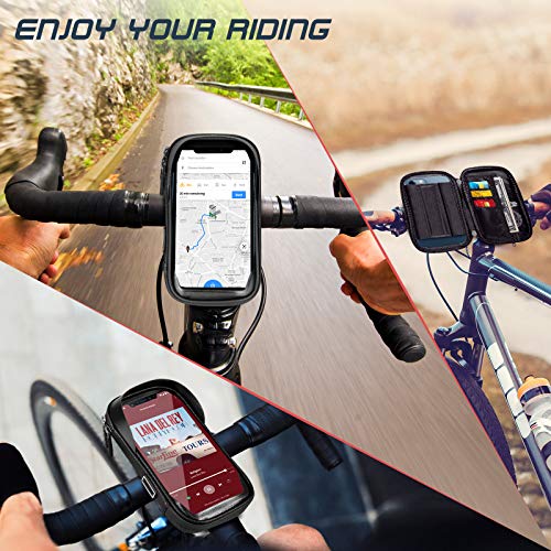 Porte téléphone vélo etanche, Support telephone scooter Sacoche guidon de cadre selle VTT Moto avec étui tactile transparent en TPU, Rotatif à 360 °, Trou d\'écouteur pour smartphone de 5,5 à 7,0 pouce