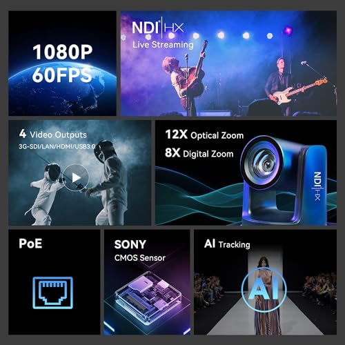 Tenveo PTZ Camera with Auto Tracking AI NDI/SDI/HDMI/USB3.0/RJ45 PoE Optical Zoom 12X 1080P 60FPS IP Live Streaming Camera for Big Church Events and Live Streaming