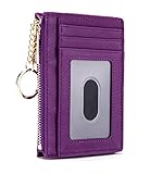 Slim Genuine Leather Credit Card Holder Front Pocket Wallet with ID Window Zipper Pocket Key Chain RFID Blocking - Purple