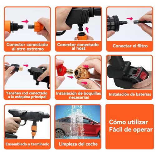 ACOVARK Hidrolavadora Inalámbrica Portátil con 2 Boquillas y Cañón de Espuma, Pistola para Hidrolavadora con Manguera de 5m, Alcance de 6-8 Metros, con Caja de Herramientas, para Pisos y Vehículos
