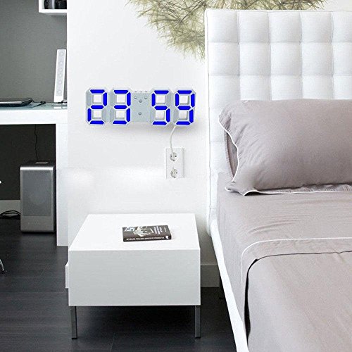 LED Digital Alarm Clock For Desk / Shelf / Tabletop, Modern Home Decoration 3D Wall Clock, Easy To Read at Night, Loud Alarm and Snooze, Big Digit Display (White Frame, Blue Light) - Thumbnail 4
