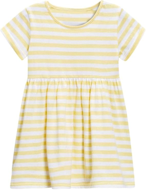 Amazon 花千束 女の子 ボーダー ワンピース 子供服 夏服 シンプル ドレス 半袖ベビー服 ガールズ 春夏 韓国風 通園 通学 キッズ 春 夏 カジュアル 結婚式 発表会 プレゼント 入園式 結婚式 発表会 子供の日 90cm 130cm 1 イエロー ワンピース チュニック 通販
