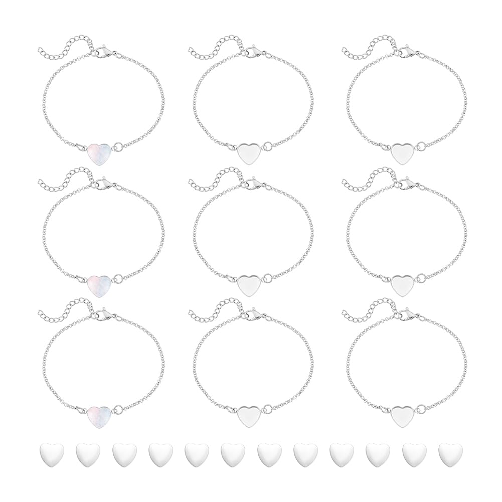 UNICRAFTALE 12 Sets Bracelet Bezel Settings Stainless Steel Bracelets Cabochons Blank Tray Bangles Heart Glass Cabochons Blank Link Bracelet for Summer Gifts Crafting DIY Bracelet Making