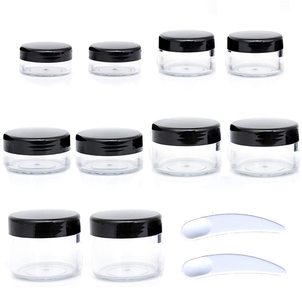 ZEJIA 10pcs Sample Containers with Screw Lids,5 Size 3/5/10/15/20 Gram Empty Cosmetic Jars with 12pcs Lables and 2pcs Mini Disposable Spatula,Makeup Sample Containers BPA Free — image 1