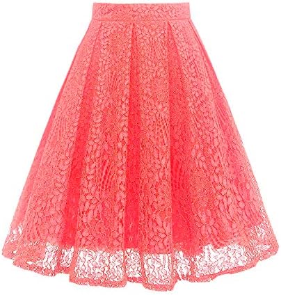 Women High Waist Pleated A-Line Knee Length Lace Pockets Skirt