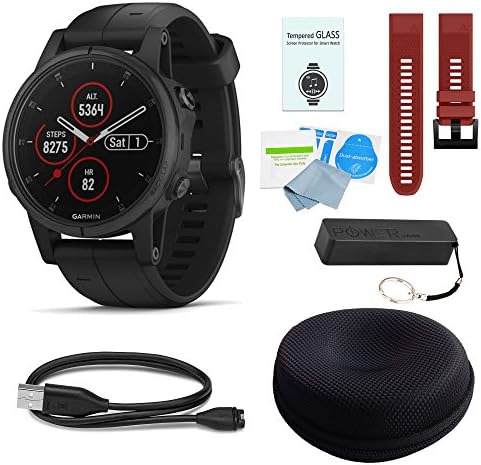 Garmin Fenix 5 Plus Sapphire Black w/Black Band & Red Band Deluxe Bundle