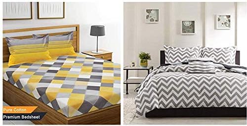 Ahmedabad Cotton 144 TC 100% Cotton Double Bedsheet with 2 Pillow Covers - Yellow and Grey & Basics 160 TC Cotton Double Bedsheet with 2 Pillow Covers - Modern, White and Grey Combo