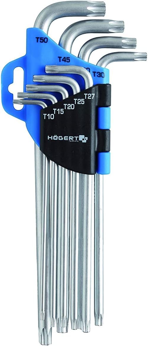 Högert Technik - TORX Set of Keys, TORX Screwdriver Set of 9 Pieces, Sizes T10 to T50, Made of Chrome Vanadium Steel, Resistant to Deformation and Abrasion, HT1W818 - Silver