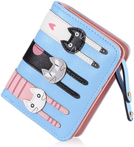 Women's Wallet Short Cartoon Cute Cat Wallet Coin Purse Bifold Purse with Zipper (Sky Blue)