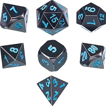 TecUnite 7 Die Metal Polyhedral Dice Set DND Role Playing Game Dice Set with Storage Bag for RPG Dungeons and Dragons D&D Math Teaching (Shiny Black and Blue)
