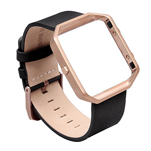 V-Moro Fitbit Blaze Band Small Leather Bracelet Strap Replacement Band with Metal Frame Black For Fitbit Blaze Smart Fitness Watch (Leather Black&Metal Frame Rose Gold - Small)