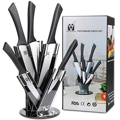Vestaware Knife Set with Block,6-Piece Kitchen Knife Set with 8" Chef Knife,8" Carving Knife,8" Bread Knife,5" Utility Knife,3.5" Paring Knife, Stainless Steel Cutlery Chef Knives Set with Block