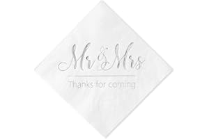 Crisky Wedding Napkins Mr Mrs Silver Cocktail Beverage Dessert Napkins for Tabel Decoration Engagement Party Supplies, 100 Pcs, 3-Ply