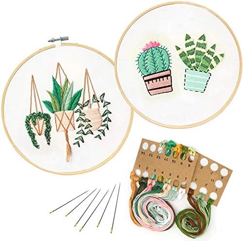 2 Pack Embroidery Kit, Full Range of Embroidery Starter Kit with Pattern DIY Embroidery Kit for Beginner Including Embroidery Cloth, Embroidery Hoop, Threads, Tools Kit (Pot Plant)