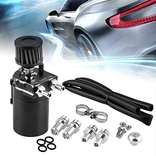 Tuijodaix Universal Baffled Oil Catch Tank Can 300ml with Breather Aluminum Compact Dual Cylinder Polish Engine Air Oil Separator Tank Reservoir Kit Black