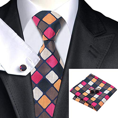 YOHOWA Orange White Plaid Check Tie Set Mens Necktie Pocket Square Cufflinks