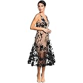 Dress The Population Womens Audrey Spaghetti Strap Midi A-line 3D Floral Dress