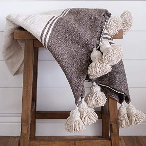 The Cozy Throw - Authentic Oatmeal & Chocolate Moroccan Chifa-Pom Pom Blanket for Couch, Sofa, or Bed, Modern Boho Design, (50โW X 58โL in. App.)