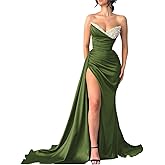 Sleeveless Beaded Satin Mermaid Dress V-Neck Pleated Party Dresses for Women Formal Evening Gowns with High Slit