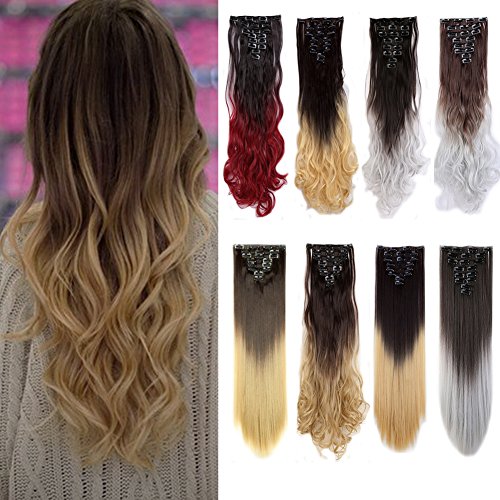 Clip in hair extensions ombre dip dye color synthetic f…