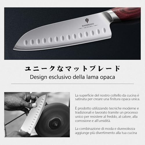 SANMEIHO Kitchen Knife 18 cm, Japanese Santoku Knife in High Carbon Steel 10Cr15Mov with Ultra Sharp Blade from 12° and Ergonomic Pakkawood Handle
