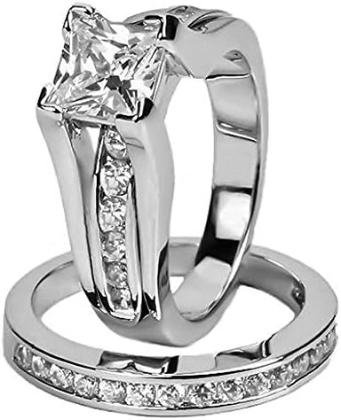 Eloi Jewelry Women's Stainless Steel Princess Cut AAA CZ Jewelry Wedding Ring Set (5.5)