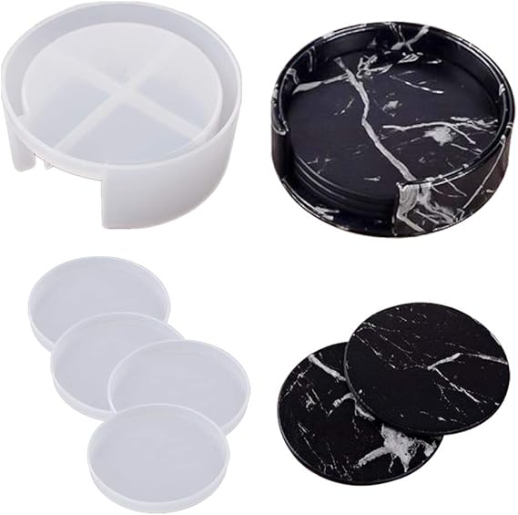5 Pcs Silicone Resin Molds, Round Coaster Molds and Silicone Coaster Storage Box Holder Mold