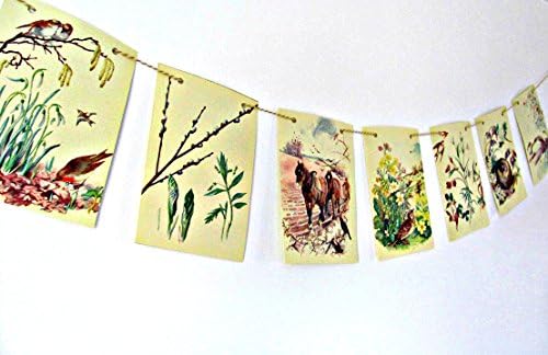 English winter and spring countryside bunting. Rustic watercolours of plants, seeds, berries and birds.
