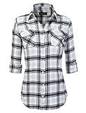 DRESSIS Women's Cotton Roll Up Sleeve Plaid Flannel Button Down Shirt
