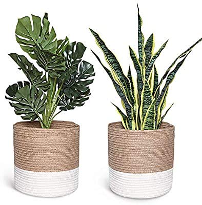 Printshoppie Handcrafted Woven Round Floral Pots Bag Natural Jute & Cotton Plant Bag Pot Bags for All Plants Home Room Hall Decor Indoor Outdoor Plant Sack (Set of 2) (Beige-White)